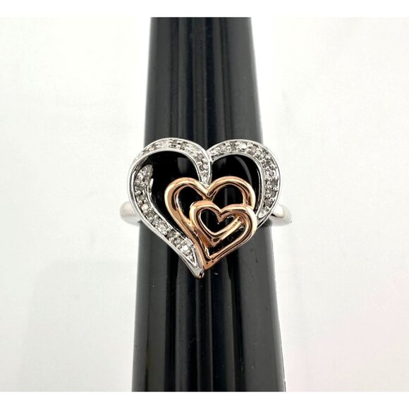 Natural Diamond Triple Heart Ring - Two Tone - Size 7.25 - Picture 8 of 16